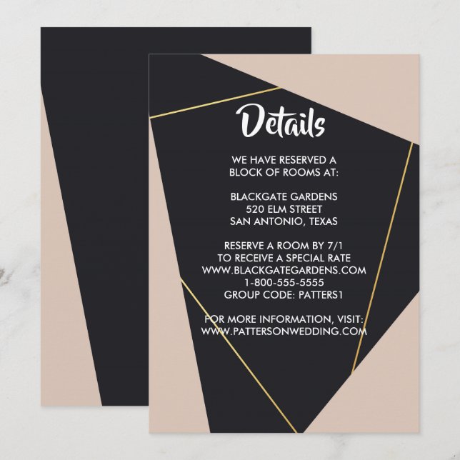 Convites Receptáculo geométrico preto-e-rosa e dourado (Frente/Verso)