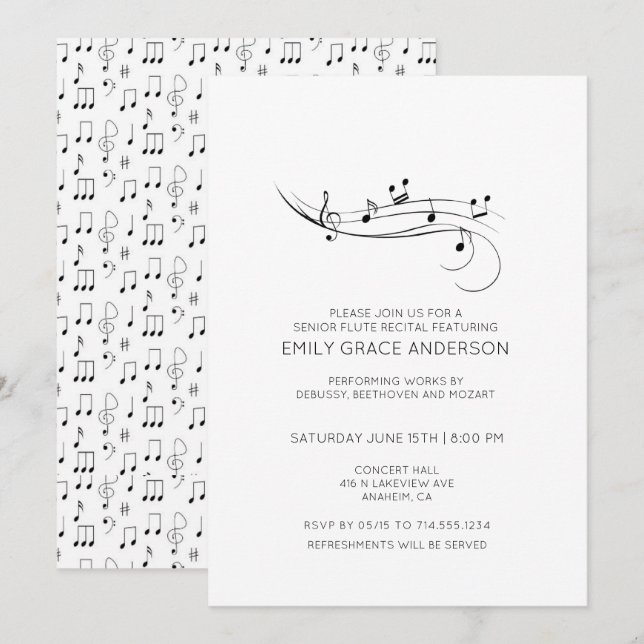 Convites Recital de Flauta Notas Musicais Preto e Branco (Frente/Verso)