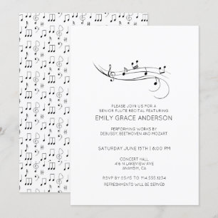 Convites Recital de Flauta Notas Musicais Preto e Branco