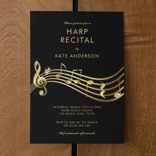 Convites Recital de Harpa Personalizado Dourado Notas Music