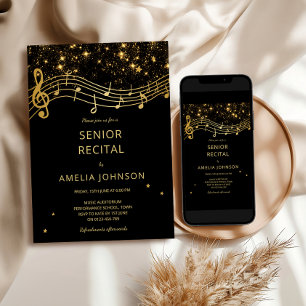 Convites Recital de Música Sênior Elegante em Preto e Doura