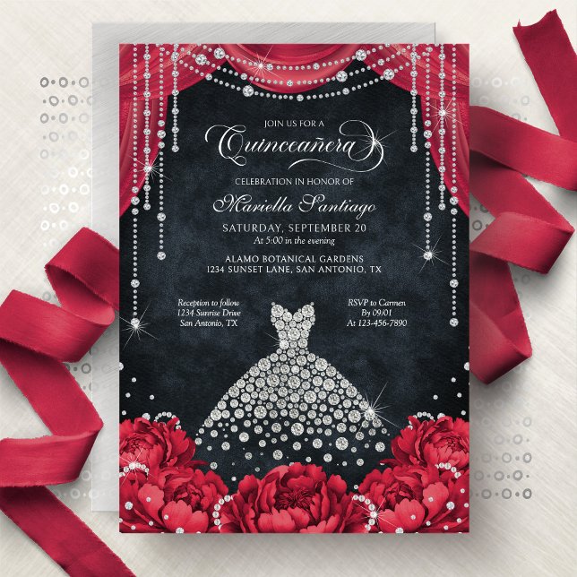 Convites Red and Black Diamond Floral Quinceanera (Criador carregado)