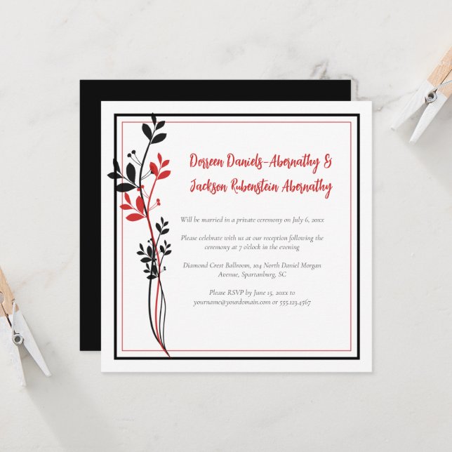 Convites Red and Black Modern Botanical Reception Only | (Frente/Verso In Situ)