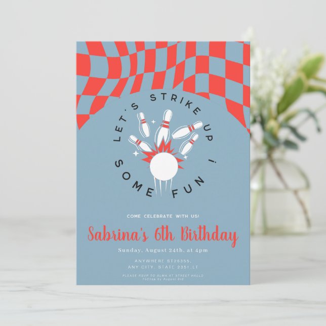 Convites red and blue bowling boy birthday invitation (Em pé/Frente)