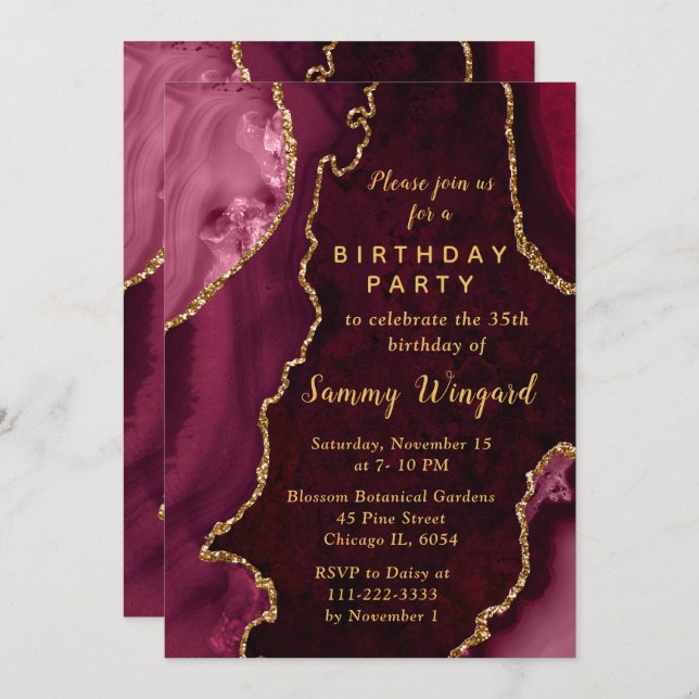 Convites Red and Gold Agate Marble Birthday Party (Frente/Verso)