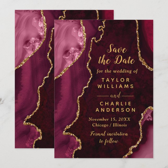 Convites Red and Gold Agate Marble Save The Date (Frente/Verso)
