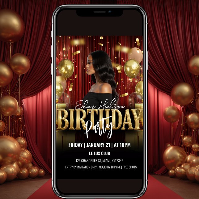 Convites Red and Gold Birthday Party Invitation (Criador carregado)