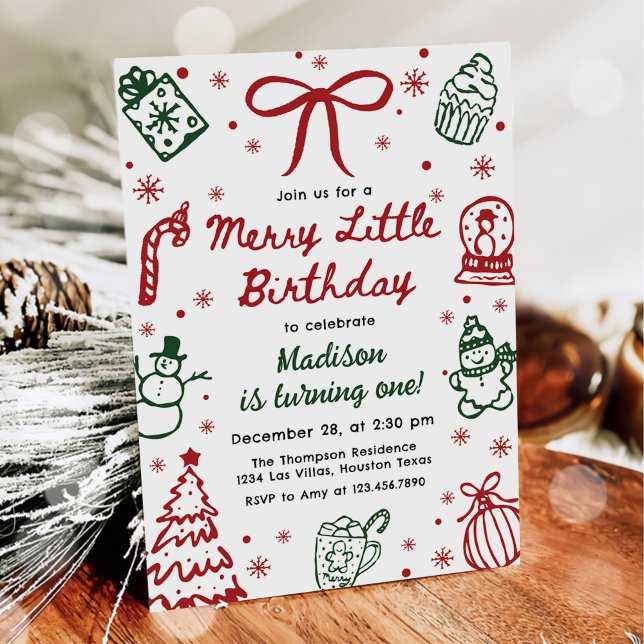 Convites Red and Green Hand Drawn Christmas Birthday Party (Criador carregado)