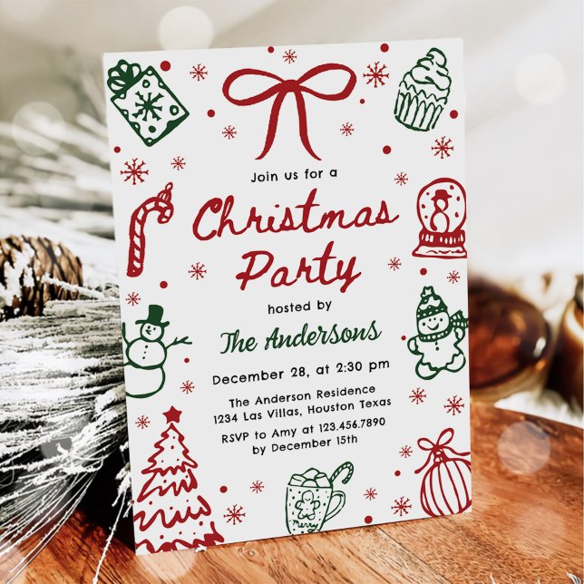 Convites Red and Green Hand Drawn Quirky Christmas Party (Criador carregado)