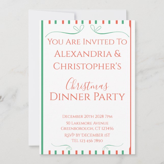 Convites Red and Green Stripe Christmas Dinner Party (Frente)