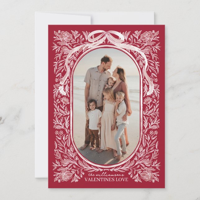 Convites Red and Pink Floral & Bow Valentine Photo Card (Frente)