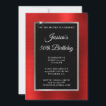 Convites Red and Silver Foil Black 50th Birthday<br><div class="desc">Crie o seu próprio convite para comemoração de aniversário do na moda, estilo 5x7, para ela. O fundo decorativo apresenta uma folha vermelha clara e falsa, uma folha prateada e uma cobertura retangular preta sólida. Mova ou exclua o gráfico cintilante branco sujo. Personalize os estilos de fonte branca, cor e...</div>