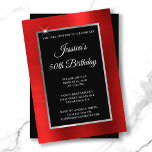 Convites Red and Silver Foil Black 50th Birthday<br><div class="desc">Crie o seu próprio convite para comemoração de aniversário do na moda, estilo 5x7, para ela. O fundo decorativo apresenta uma folha vermelha clara e falsa, uma folha prateada e uma cobertura retangular preta sólida. Mova ou exclua o gráfico cintilante branco sujo. Personalize os estilos de fonte branca, cor e...</div>