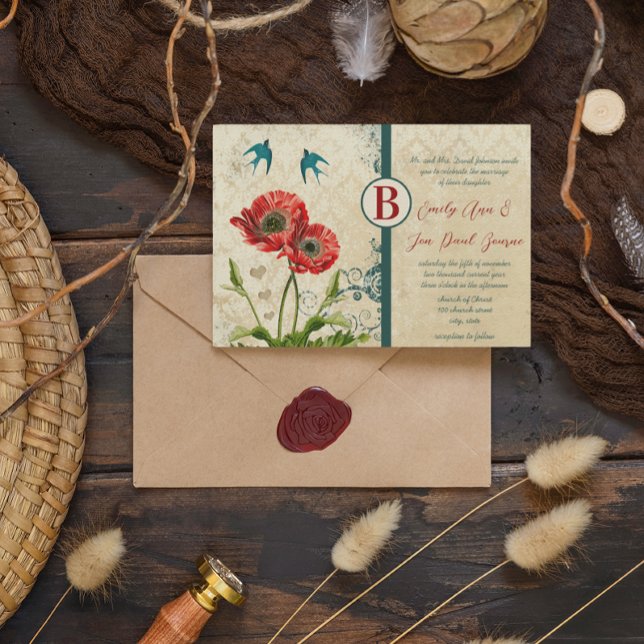 Convites Red and Teal Blue Love Birds Damask Poppy Casament (Criador carregado)