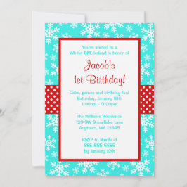 Convites Red and Teal Snowflakes Winter Onederland