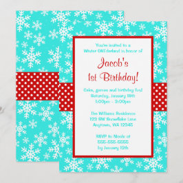 Convites Red and Teal Snowflakes Winter Onederland