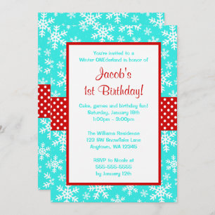 Convites Red and Teal Snowflakes Winter Onederland