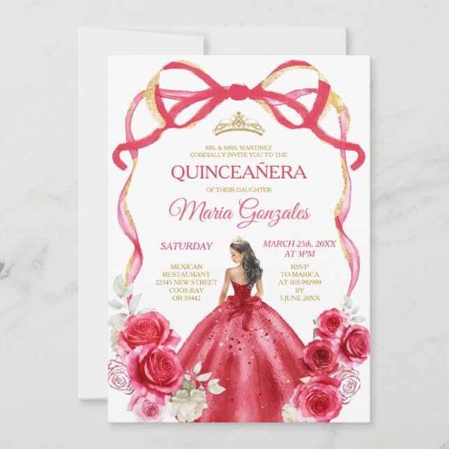 Convites Red Arco Frame Princesa Dourada Garota Quinceañera (Frente)