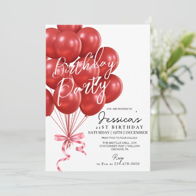 Convites Red Balloon Script  Modern Birthday Party (Em pé/Frente)