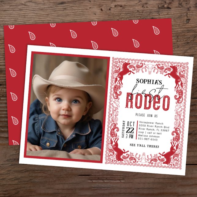 Convites Red Bandana First Rodeo Photo Invitation - Cowboy (Red Redo Birthday Party Invite)