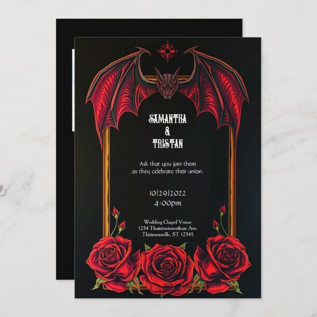 Convites Red Bat and Roses Gothic Wedding Invitation (Frente/Verso)