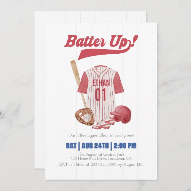Convites Red Batter Up Baseball First Birthday Invitation (Frente/Verso)