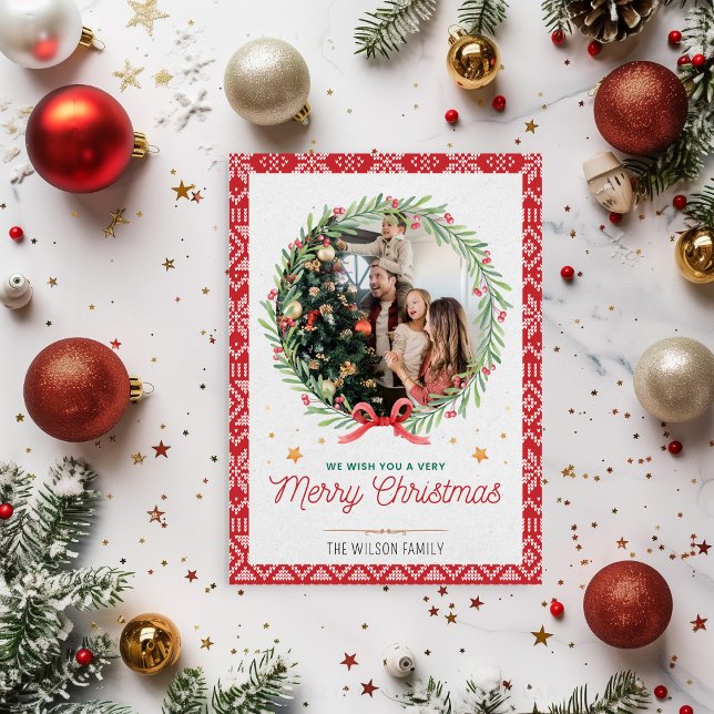 Convites Red Beige Vintage Photo Christmas Card (Criador carregado)