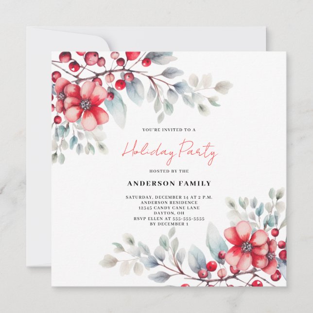 Convites Red Berry Floral Watercolor Natal (Frente)