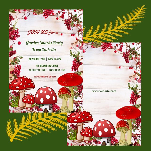 Convites Red Berry Toadstool Garden Snacks Kid's Fall Party (Red Berry Toadstool Garden Snacks Kid's Fall Party Invitation)