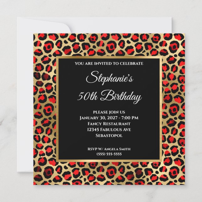 Convites Red Black and Dourado Leopard Glam 50th Birthday (Frente)