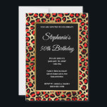 Convites Red Black and Dourado Leopard Glam 50th Birthday<br><div class="desc">Crie o seu próprio convite para comemoração de aniversário de na moda de rico marco 5x7 para ela. Vermelho decorativo, preto e leopardo preto e dourado imprime falsos design de gráficos de arte digital em segundo plano. Um retângulo preto com o ouro amarelo esfregado com papel de tampa de metal...</div>
