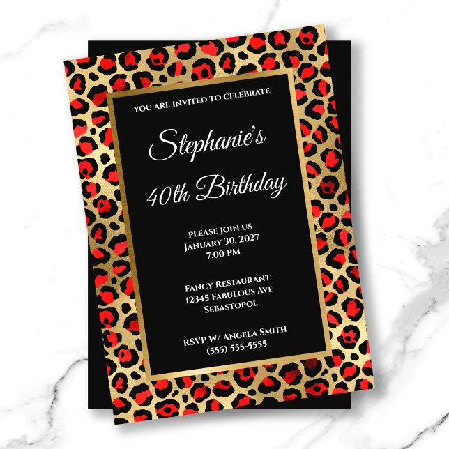 Convites Red Black and Dourado Leopardo Glam aniversário de (Red Black and Gold Leopard Glam 40th Birthday Invitation)