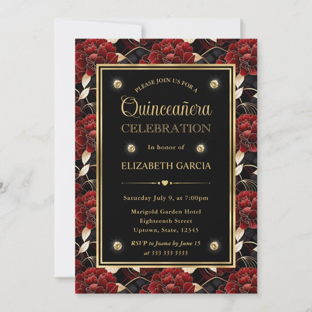 Convites Red Black and Dourado Marble Floral Quinceanera (Frente)