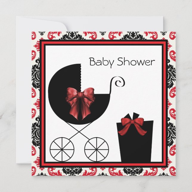 Convites Red Black Damask Baby Shower Invasores (Frente)