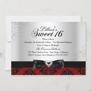 Convites Red Black Damask Sparkle Sweet 16 Invite