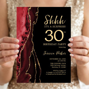 Convites Red Black Dourado Agate Surprise aniversário de 30