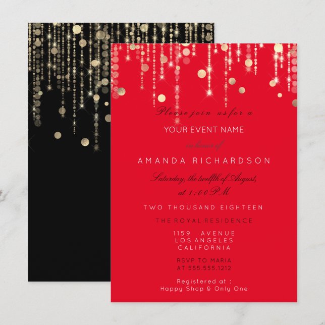 Convites Red Black Dourado Drives Birthday Chá de panela (Frente/Verso)