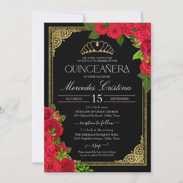 Convites Red Black & Dourado Elegante Rosa Quinceanera (Frente)