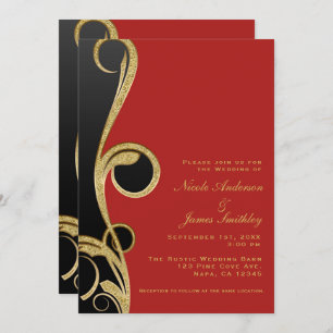 Convites Red Black & Dourado Modern Glam Elegant Swirl Wedi
