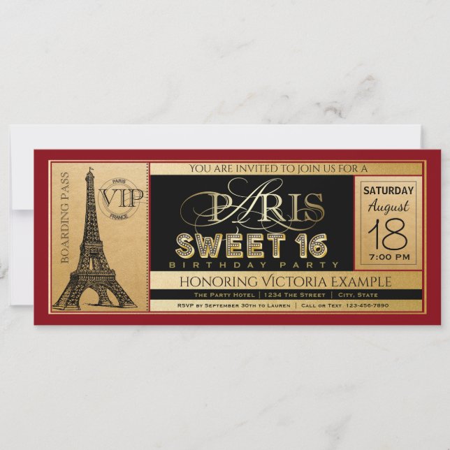 Convites Red Black Dourado Paris Sweet 16 Ticket Invitation (Frente)