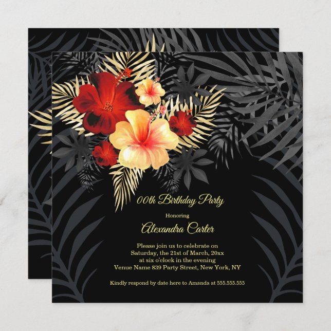 Convites Red Black Dourado yellow Hibiscus Floral Birday (Frente/Verso)