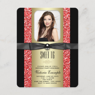 Convites Red Black e Dourada Glitter Doce 16 Festa