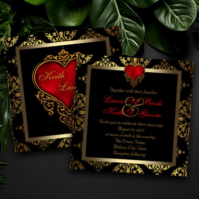 Convites Red Black e Dourado Wedes (Elegant red black and gold heart wedding invitations.)