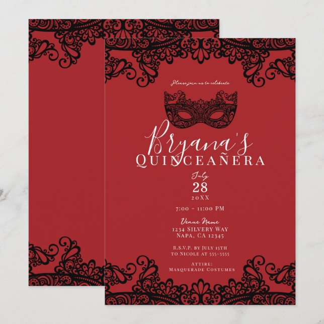 Convites Red & Black Lace Mascarada 15 15 Quinceañera (Frente/Verso)
