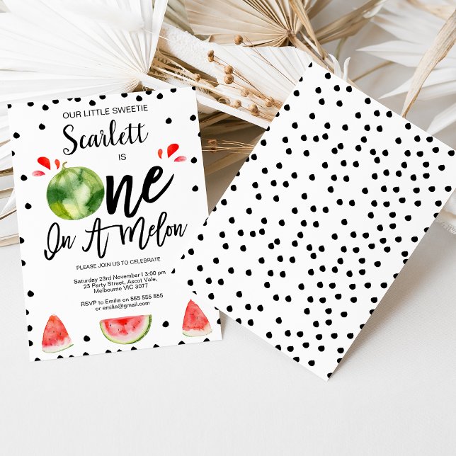 Convites Red Black Modern One in A Melon primeiro aniversar (Girls One In A Melon First Birthday Invitations, One In A Melon invite, Watermelon 1st Birthday)