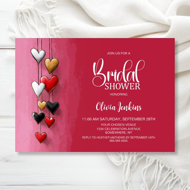Convites Red Black Pink Hearts Bridal Shower (Criador carregado)