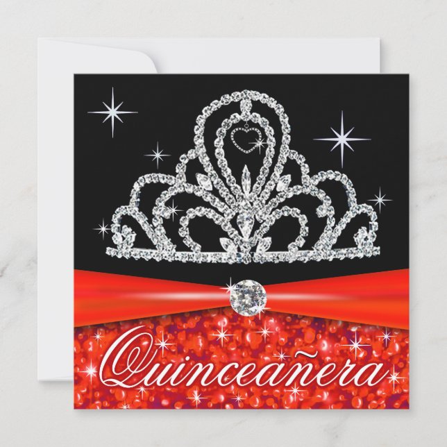 Convites Red Black Quinceanera Princesa Tiara Bling (Frente)