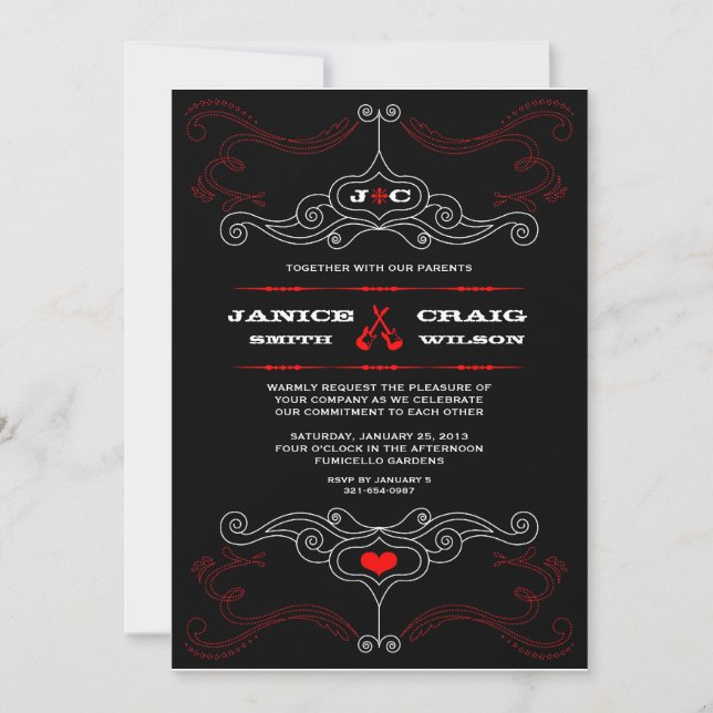 Convites Red & Black Rock 'n' Roll Music Themed Weding (Frente)