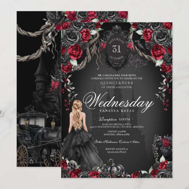Convites Red Black Rosas Quinceanera Gotheen (Frente/Verso)
