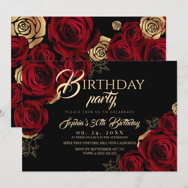 Convites Red Black Roses Birthday Party Invitation (Frente/Verso)